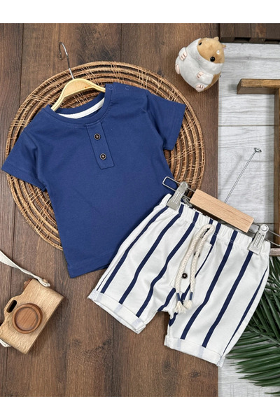 Bolly Baby Striped Button Detailed Summer Baby Boy Suit with Snap Fasteners o...
