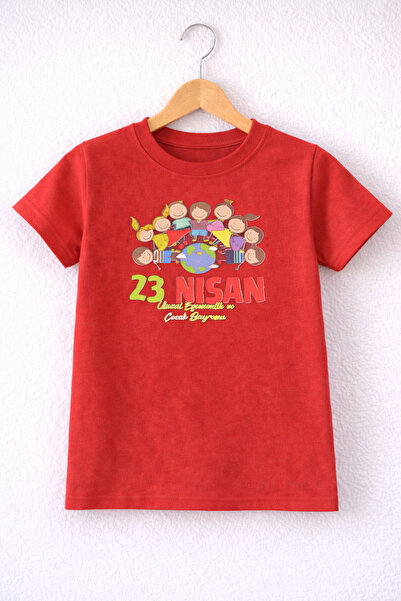 ues Παιδικό μπλουζάκι με στάμπα 23 Απριλίου, κόκκινο με κοντά μανίκια