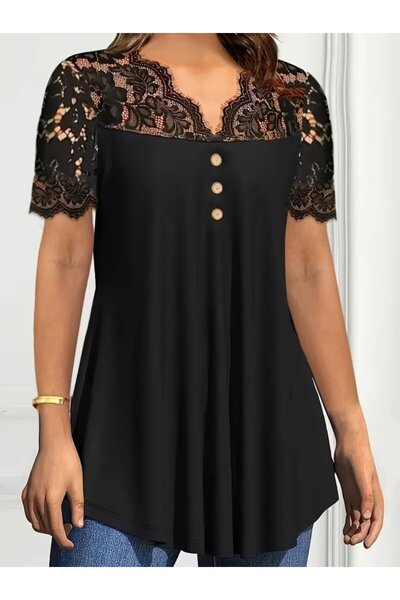 Wear Up Γυναικεία κοντομάνικη μπλούζα V Δαντέλα με γιακά και κουμπιά Βισκόζη