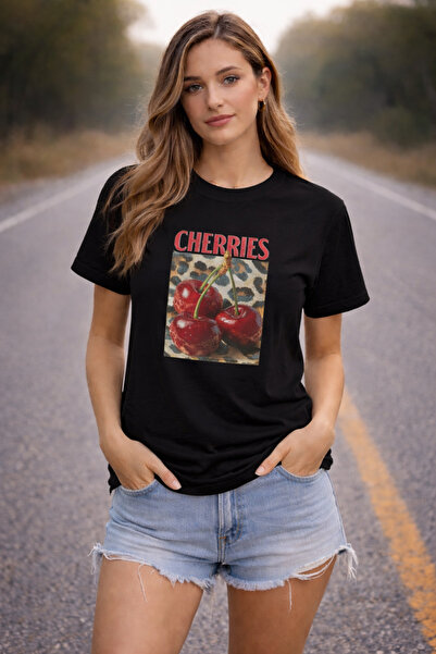 DEEPSENCE Tricou negru oversize de damă CHERRIES
