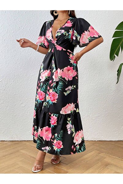 Iuliashop Rochie lungă neagră Suzanne cu imprimeu floral roz - XS