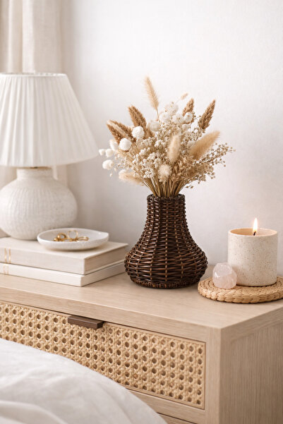 NEWNOW Boho Rattan Hasır Vazo Dekoratif Şişe Form Kuru Çiçeklik Ev Dekoru