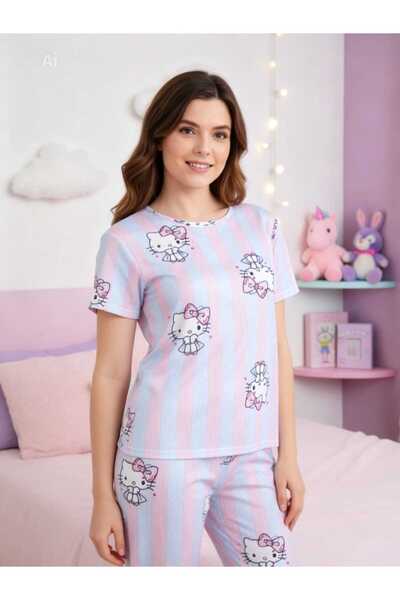 NiCe İç Giyim Πιτζάμες με λαιμόκοψη ποδηλάτου, ροζ μωβ ριγέ, χαριτωμένο σχέδι...