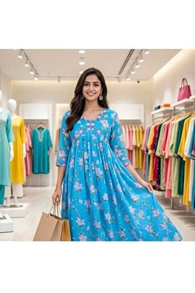 Genaric Women Floral Printed with embroidered Alia Cut Anarkali Dress with Dupatta, Premium Mal Mal Cotton