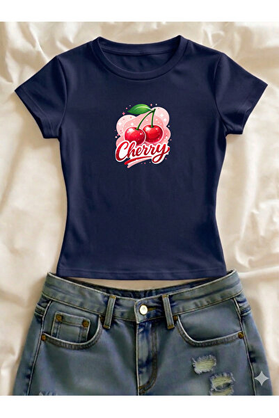 Vordevia Tricou crop cu mânecă scurtă, cu imprimeu cireșe, din lycra, cu deco...