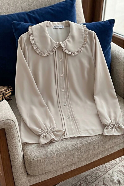 Fumel Γυναικείο μπεζ πουκάμισο με βολάν και γιακά κούκλας