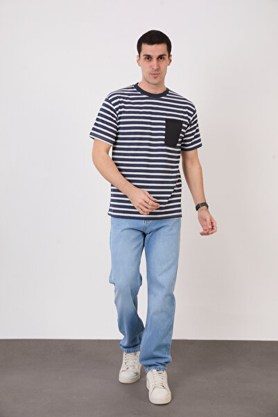 Pavotti Erkek İndigo -Beyaz Çizgili Bisiklet Yaka,Cep Detaylı Süprem Kumaş T-...