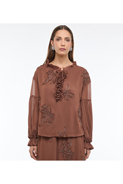 BCBG Brown Embroidered Casual Women Top