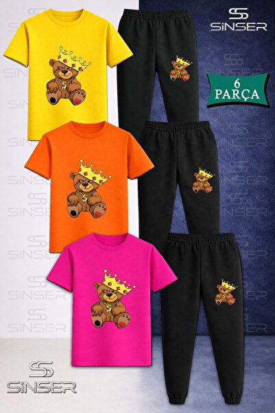 SS SİNSER Παιδικό σετ φόρμας 3 τεμαχίων με σχέδιο αρκουδάκι, μπλουζάκι και κολάν
