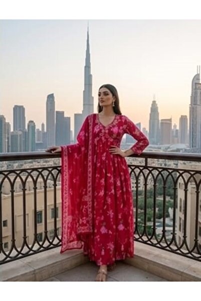 Genaric Women Floral Printed with embroidered Alia Cut Anarkali Dress with Dupatta, Premium Mal Mal Cotton