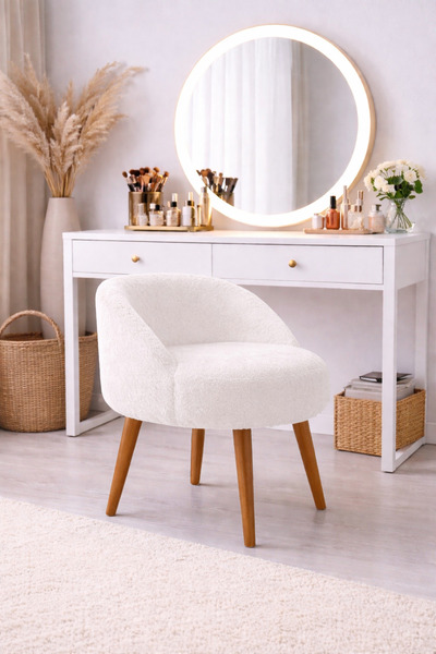 eda hacıoğlu edam bedding group Ekru Teddy kumaş berjer puf makyaj masası pufu