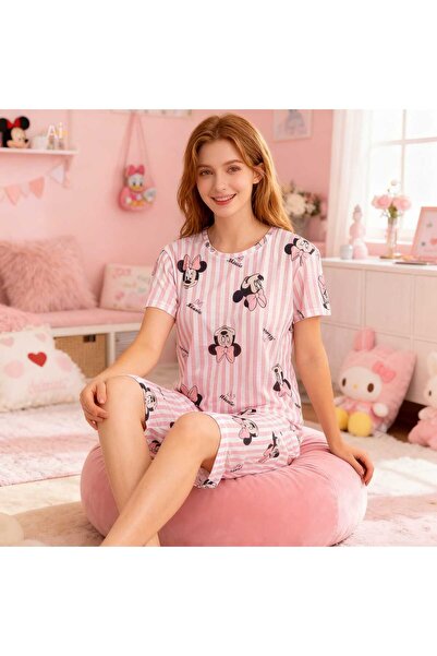 NiCe İç Giyim Γυναικείο καλοκαιρινό υφασμάτινο σετ πιτζάμες με ροζ ρίγες, χαρ...