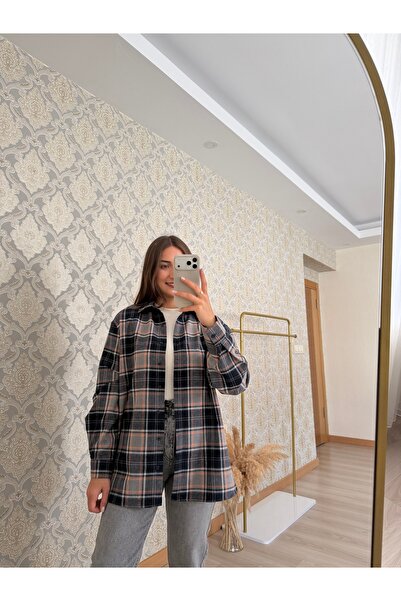 Butik Duygu Şakiroğlu Lacivert Turuncu Ekoseli Gömlek