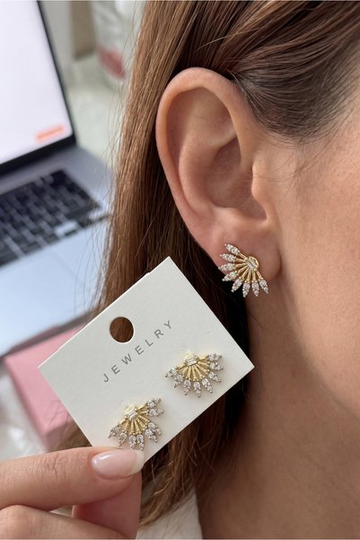 israco Antialerjik Çelik Zirkon Taşlı Güneş Işıltısı Küpe - Gold Premium -