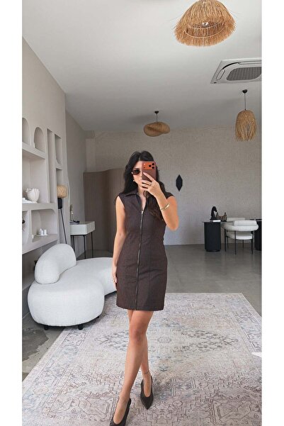 Buket Teke Τζιν φόρεμα με φερμουάρ και καφέ γιακά