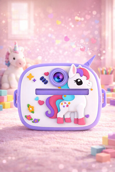 Sevimli Unicorn ve Dinozor Seçenekli Çocuk Kamerası – Anında Baskı Mini Fotoğraf Makinesi Kabartmalı