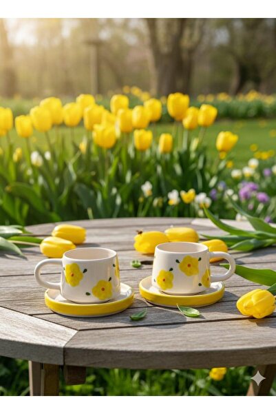 İNA PAZARLAMA Yellow Poppy Ceramic Mug with 2 Plates