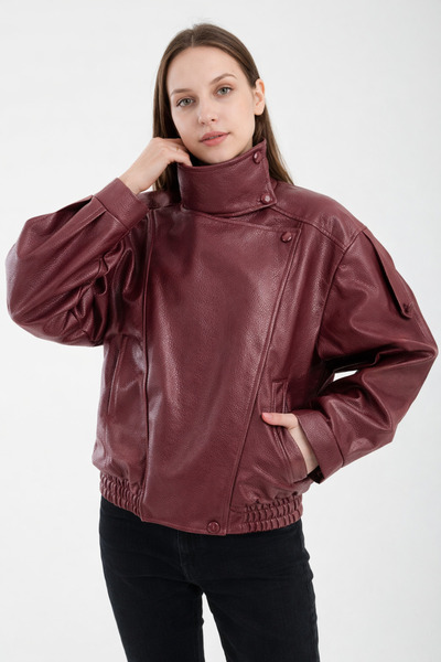 İLKCET MODA High Collar Burgundy Women's Oversize Jacket with Shoulder Detail
