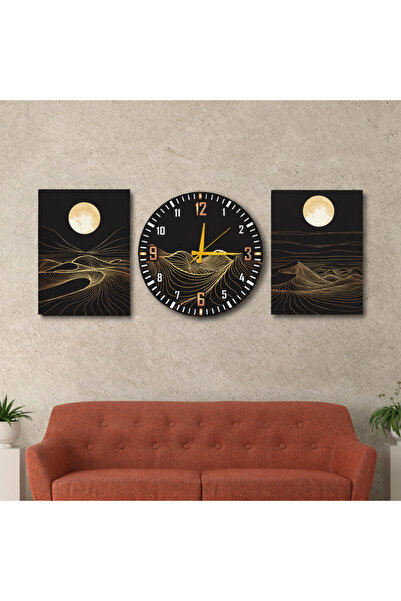 M&H Quality 3’lü Dekoratif Duvar Tablo ve Saat Seti – Modern Siyah Gold MDF D...