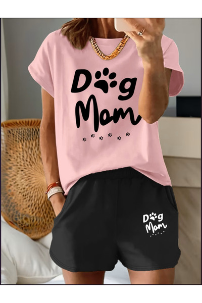 Joetsu مجموعة تيشرت وشورت مطبوعة بـ DOG MOM