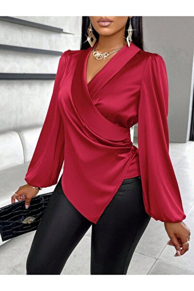 Wear Up Γυναικεία μακρυμάνικη μπλούζα διπλό πέτο με ασύμμετρη σατέν μπλούζα μ...
