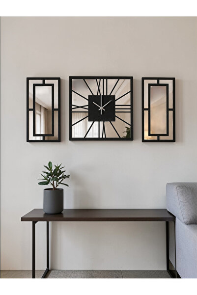 ERGEÇ TASARIM 3 Parça Aynalı Duvar Saati Seti 40 cm Saat + 40x20 cm Dekoratif...