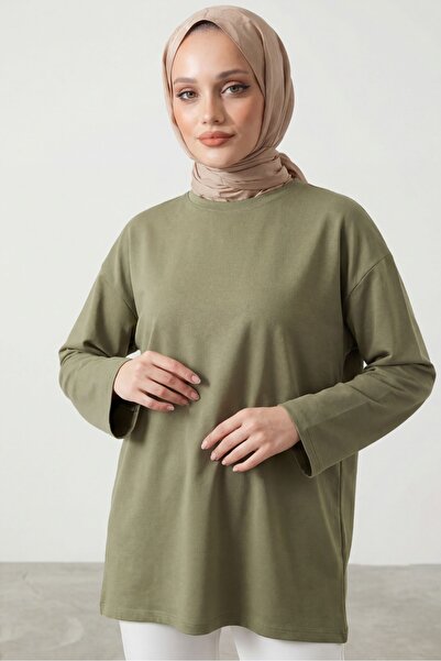 Lunfia Salaş Yuvarlak Yaka Penye Tunik - Haki