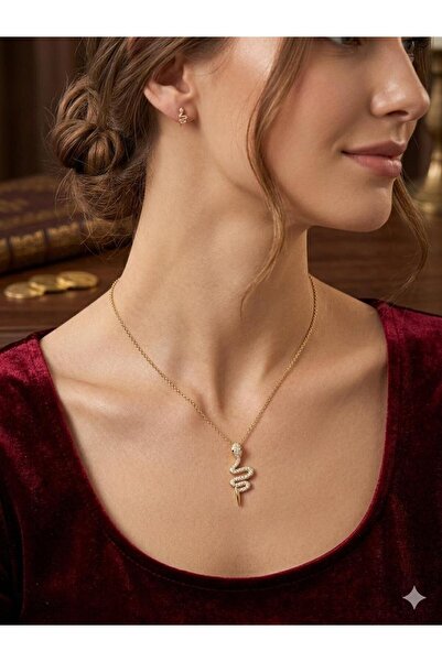 naturel glow Gold Color Zircon Stone Detailed Snake Necklace - Symbol of Powe...