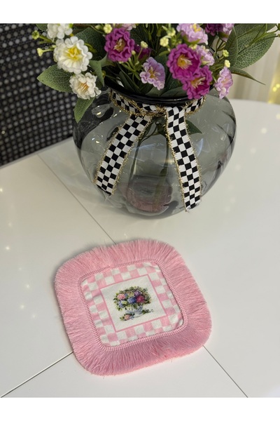 Nef’s Atelier Püskül Detaylı Çiçek Desenli Kahve Peçetesi 14x14 cm – 2’li Set