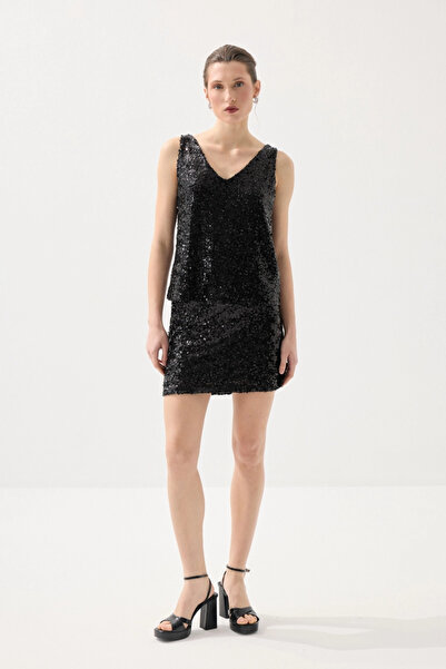 Gusto Sequin Pullover Premium Evening Dress - Black