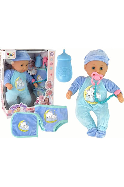 LeanToys Păpușă bebeluș cu sunet, cu suzetă și bavetă, pijamale cu pisică alb...