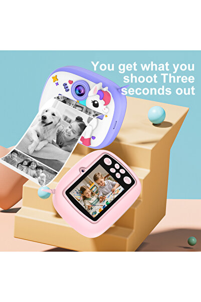 Fillikutum Sevimli Unicorn ve Dinozor Seçenekli Çocuk Kamerası – Anında Baskı Mini Fotoğraf Makinesi Kabartmalı