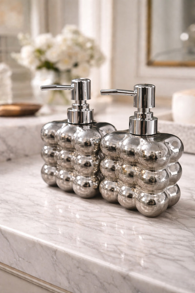 MAKRİ HOME 2 Pcs Bubble Glass Liquid Soap Dispensers, 300 ml + 300 ml - Metal...