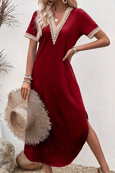 Varyete Γυναικείο κοντομάνικο φόρεμα βισκόζης με δαντέλα V λαιμόκοψη