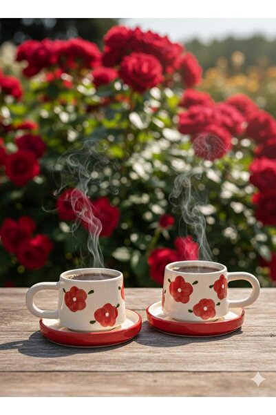 İNA PAZARLAMA 2-Piece Ceramic Mug with Red Poppy Plates