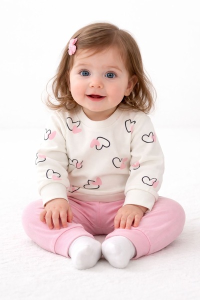 MixMax Bebe Kız Bebek Kalpler Uzun Kollu Alt Üst Bebek Takımı %100 Pamuklu