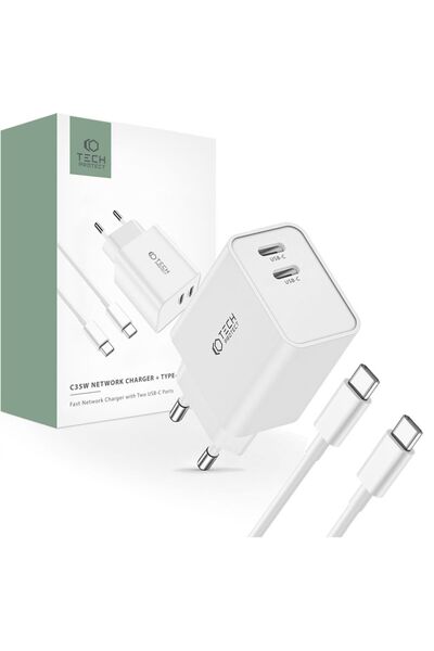 Tech-Protect C35W, 2xUSB-C, PD, încărcător de perete de 35W + cablu USB-C alb