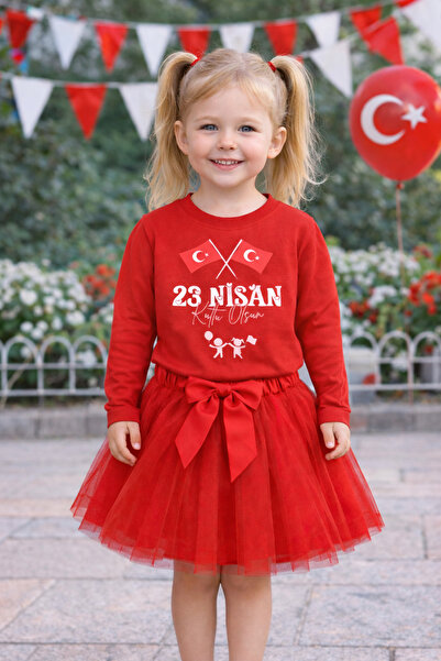 ues Σετ κοριτσίστικο με σημαία 23 Απριλίου, κόκκινο μακρυμάνικο μπλουζάκι και...