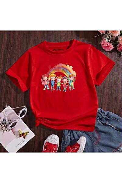 playwear Παιδικό μπλουζάκι unisex με στάμπα Rainbow, 100% βαμβακερό, με λαιμό...