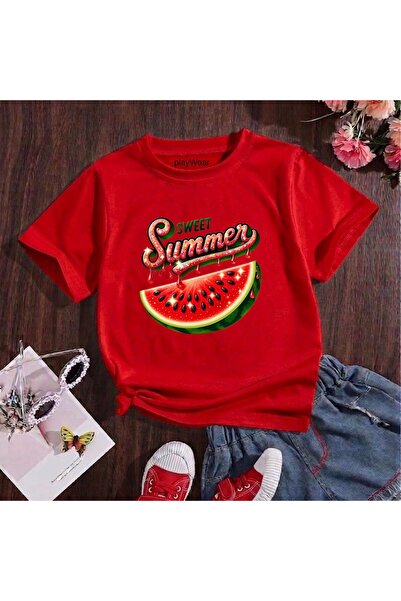 playwear Καλοκαιρινό μπλουζάκι με στάμπα καρπούζι, 100% βαμβακερό, με λαιμόκο...