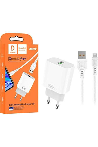 Denmen Încărcător de rețea DC07 + cablu USB iPhone alb