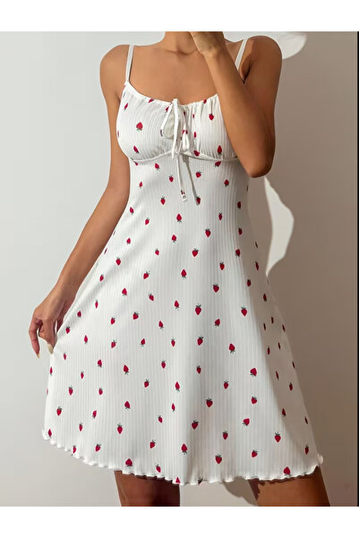 Bleu Petite White Color Strawberry Patterned Cotton Women's Mini Nightgown