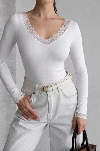 STYLE STOP Collar Sleeve Lace Detailed V-Neck Blouse