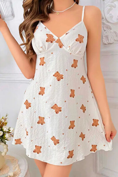 Bleu Petite White Teddy Bear Patterned Thin Strap Cotton Women's Mini Nightgown