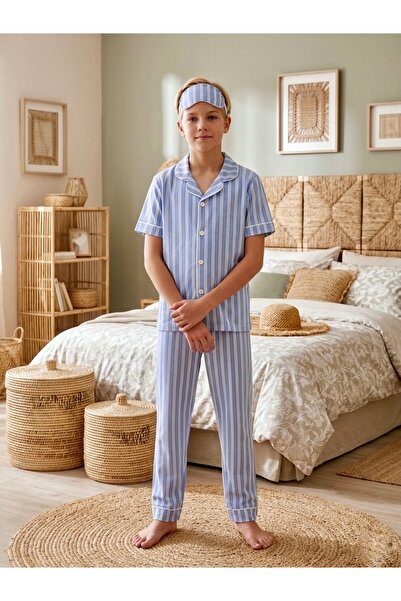 Enie Σετ πιτζάμες για αγόρια, βαμβακερό, ριγέ, καλοκαιρινό, με κολλητά μπαλώμ...