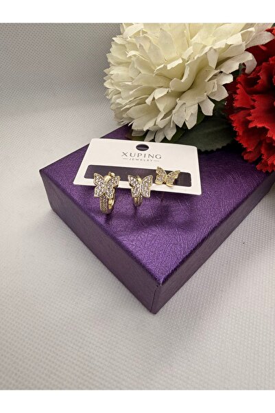 XUPING JEWELRY KUYUMCU SERİ 14K RENGİ ZİRKON TAŞLI KELEBEK 3LÜ KÜPE SETİ