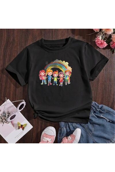 playwear Παιδικό μπλουζάκι unisex με στάμπα Rainbow, 100% βαμβακερό, με λαιμό...