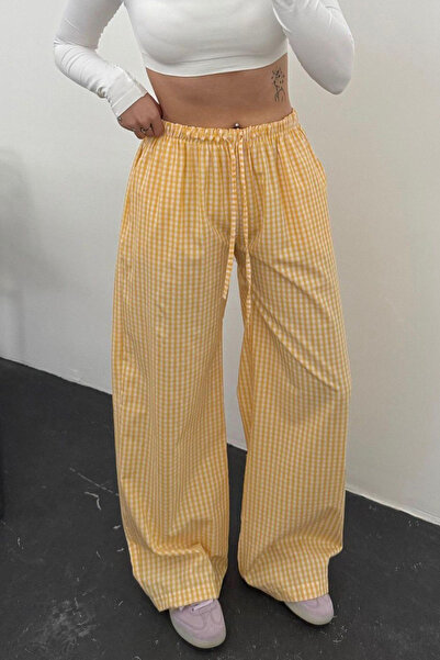 İlayda Toprak Sofira Sarı Pötikareli Καρό Παντελόνι Φόρμας με Ελαστική Μέση κ...