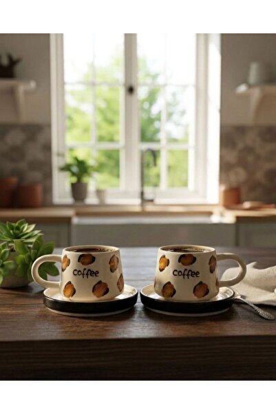 İNA PAZARLAMA 2-Pack Leopard Coffee Ceramic Mug with Saucer