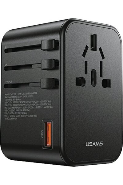 Usams Încărcător universal de călătorie T62 US/AU/EU/UK 1xUSB, 2xUSB-C 65W negru
